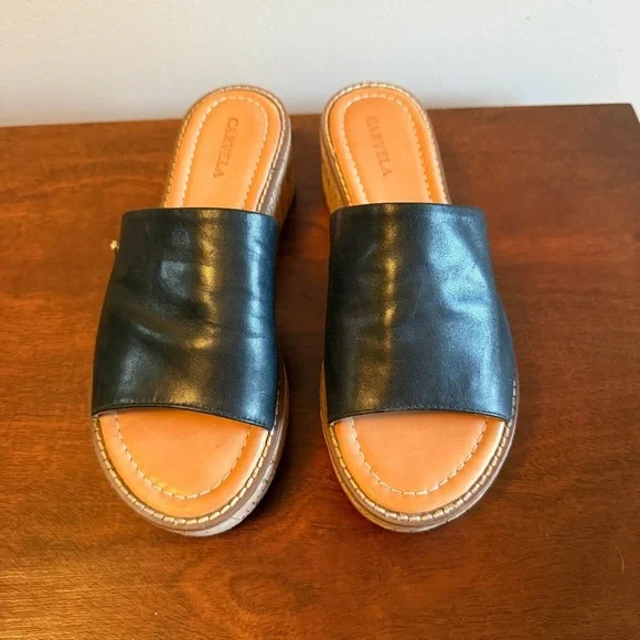 Black Leather Upper and Cork Platform Slip-On Sandals - Picture 3 of 6